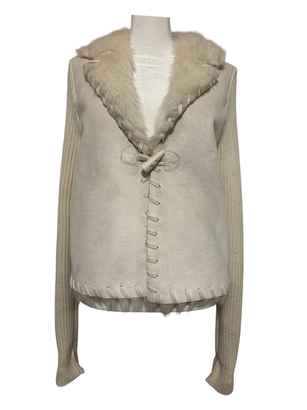 Cream Teddy Jacket with Knit Sleeves and Fur-Trim Collar
